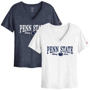 women's short sleeve navy heather and white v-neck t-shirts with Penn State Nittany Lions and Athletic Logo